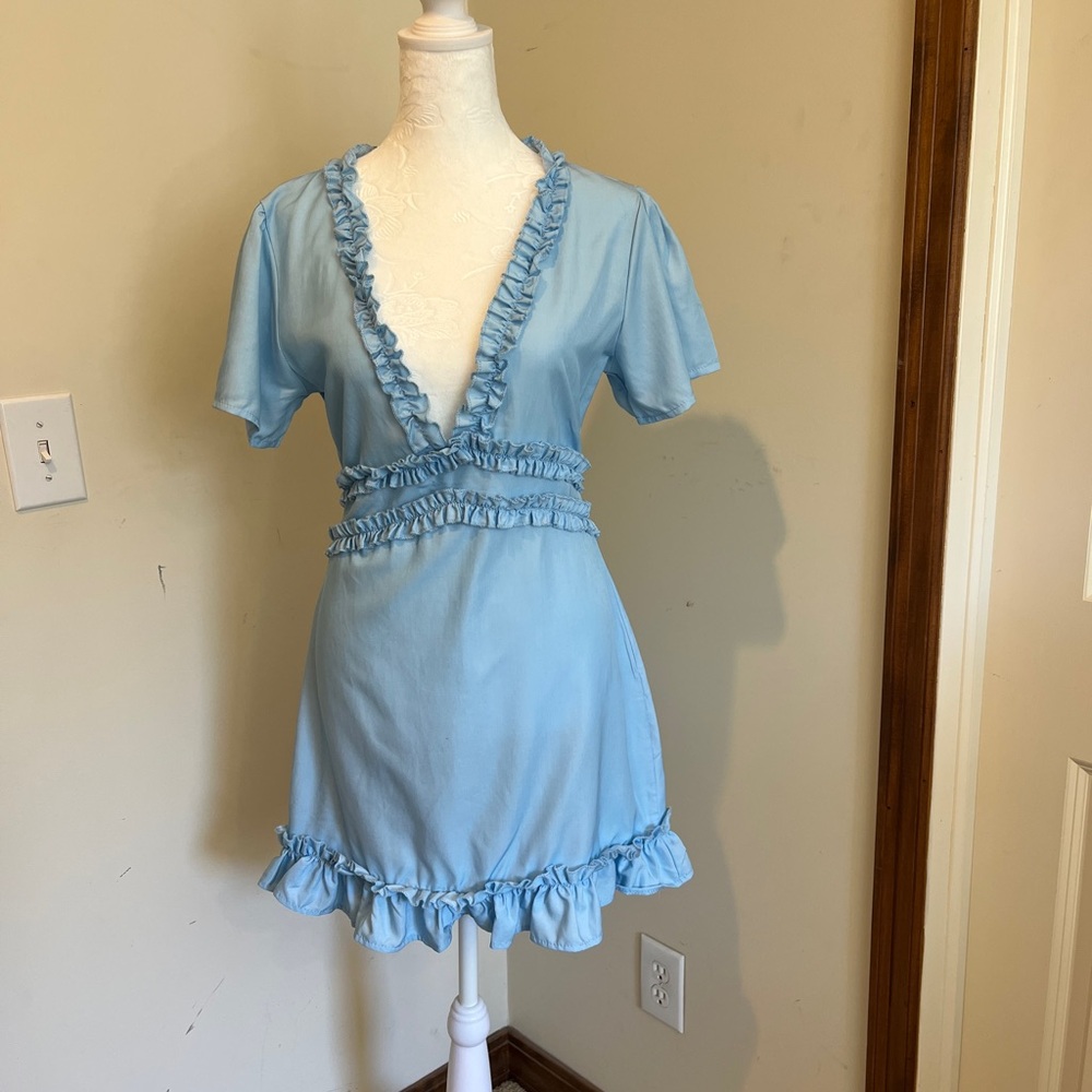 NWT flirty spring mini baby blue plunging neckline open back SZ XS